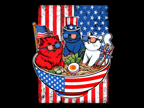 Three Cats Eating Ramen USA Flag Graphics & T-Shirt Designs