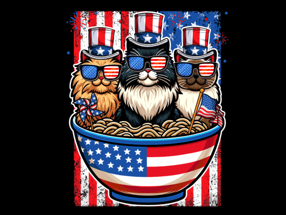 Three Cats Eating Ramen USA Flag Vector Graphics